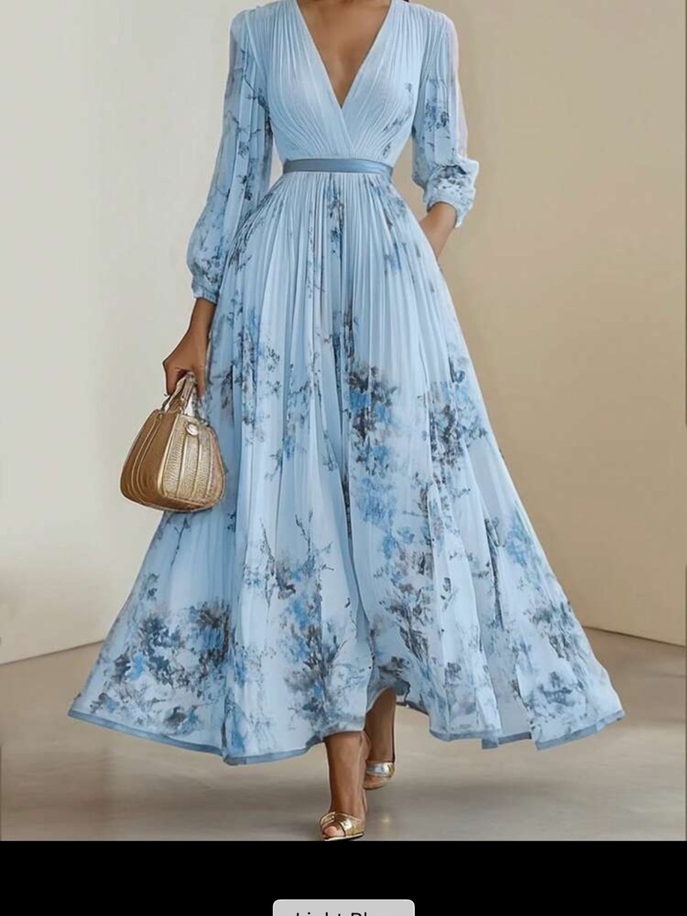 Amazon Light Blue Floral V‑Neck Pleated Long Sleeve Maxi Dress